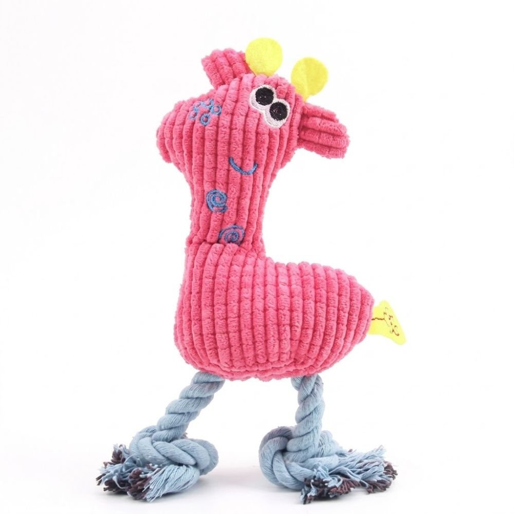 Pink flat-shaped plush giraffe dog toy with yellow horns and knotted rope legs