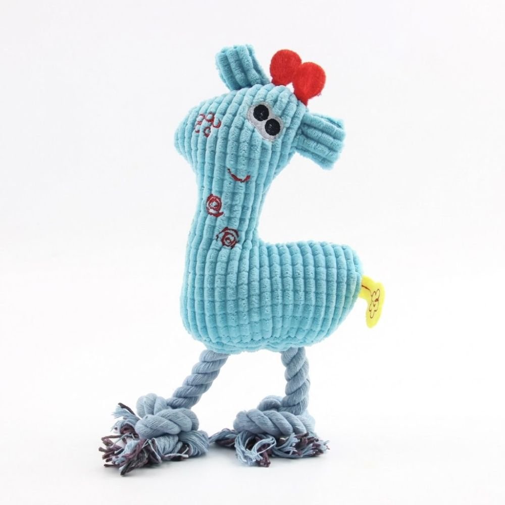 Teal flat-shaped plush giraffe dog toy with a red bow and knotted rope legs