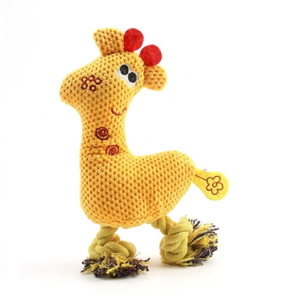 Yellow flat-shaped plush giraffe dog toy with red tufts and knotted rope legs