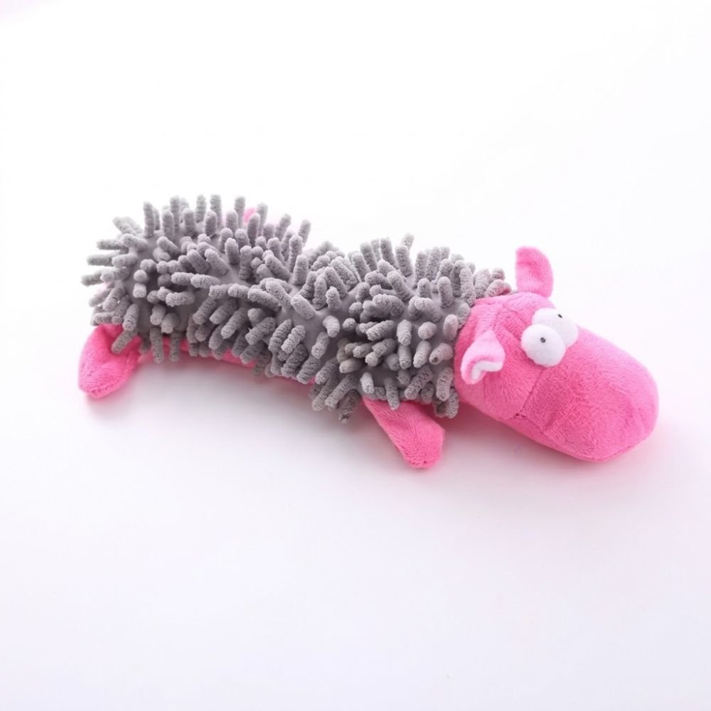 Pink chenille textured plush hippo dog toy, approximately 25.5 cm long
