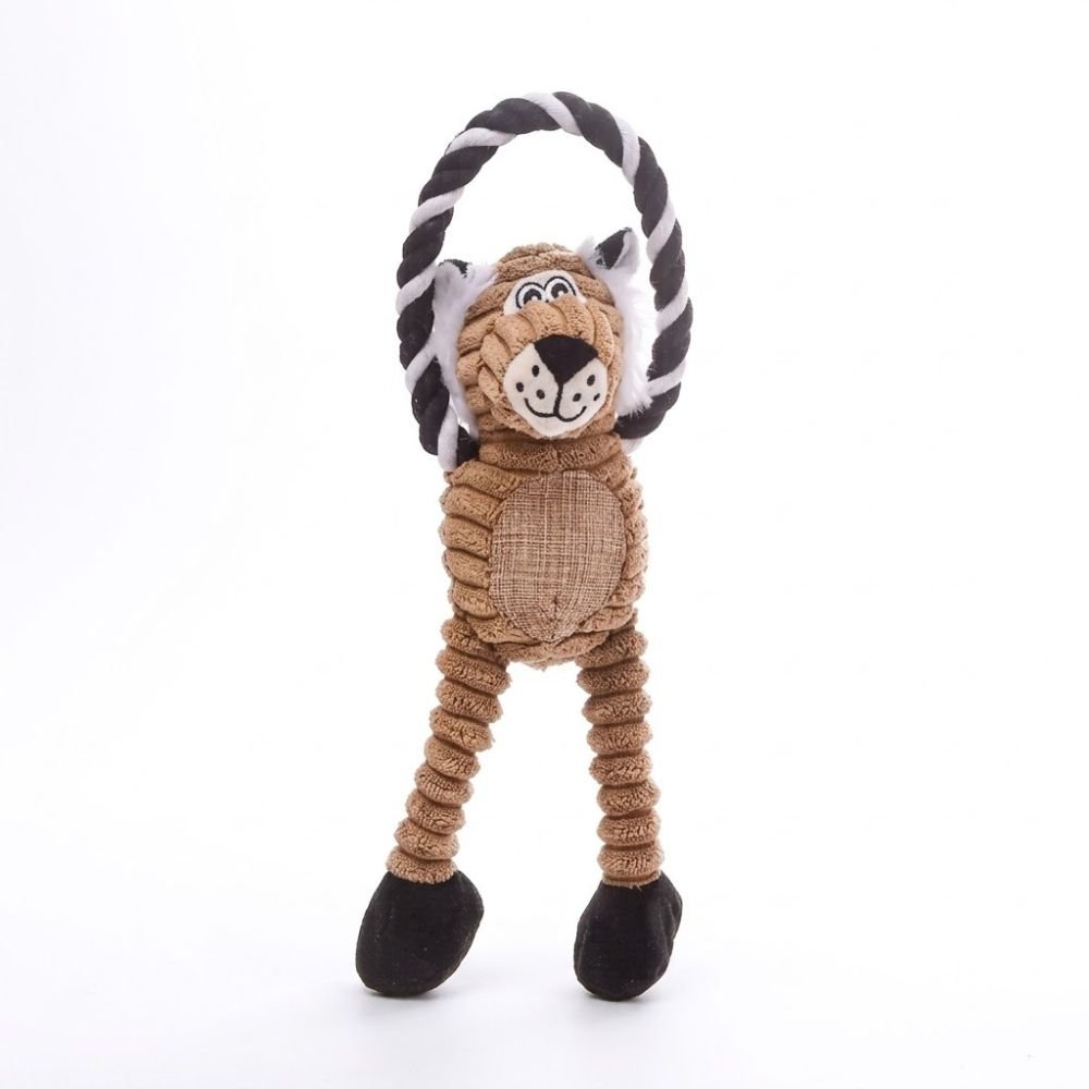 Tan corduroy textured plush lion dog toy with a knotted rope loop handle