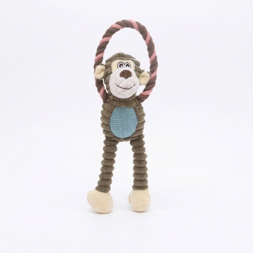 Brown corduroy textured plush monkey dog toy with a knotted rope loop handle