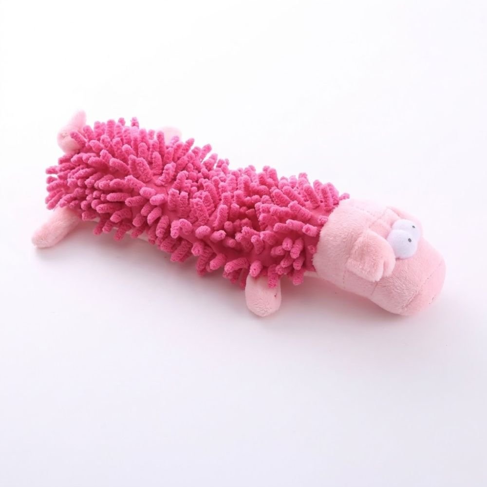 Pink chenille textured plush piglet dog toy, approximately 25.5 cm long