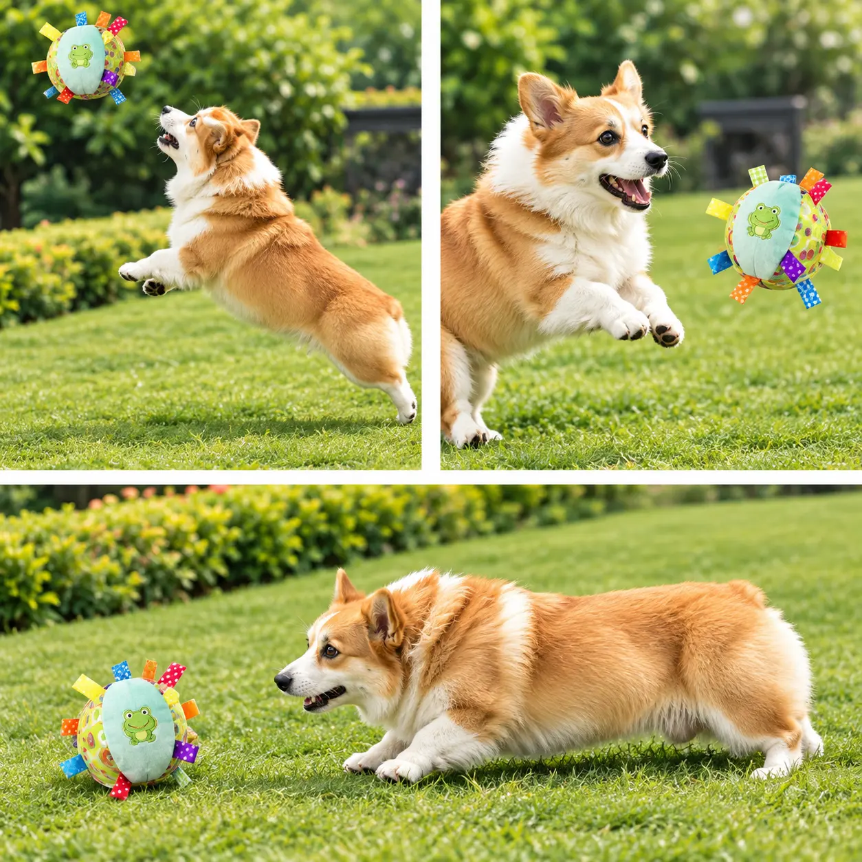 Corgi playing fetch outdoors with the ribbon tag squeaky plush dog ball toy