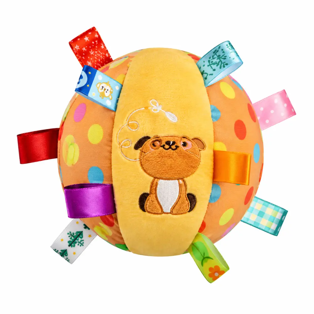 Ribbon Tag Squeaky Plush Dog Ball Toy, an interactive sensory ball with an embroidered puppy design