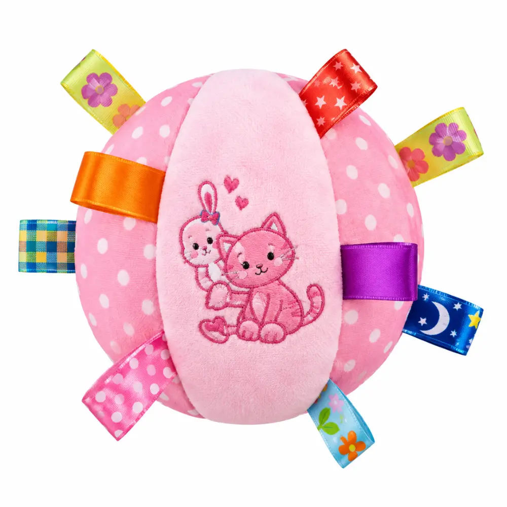 Pink ribbon tag squeaky plush dog ball toy with an embroidered cat and bunny design