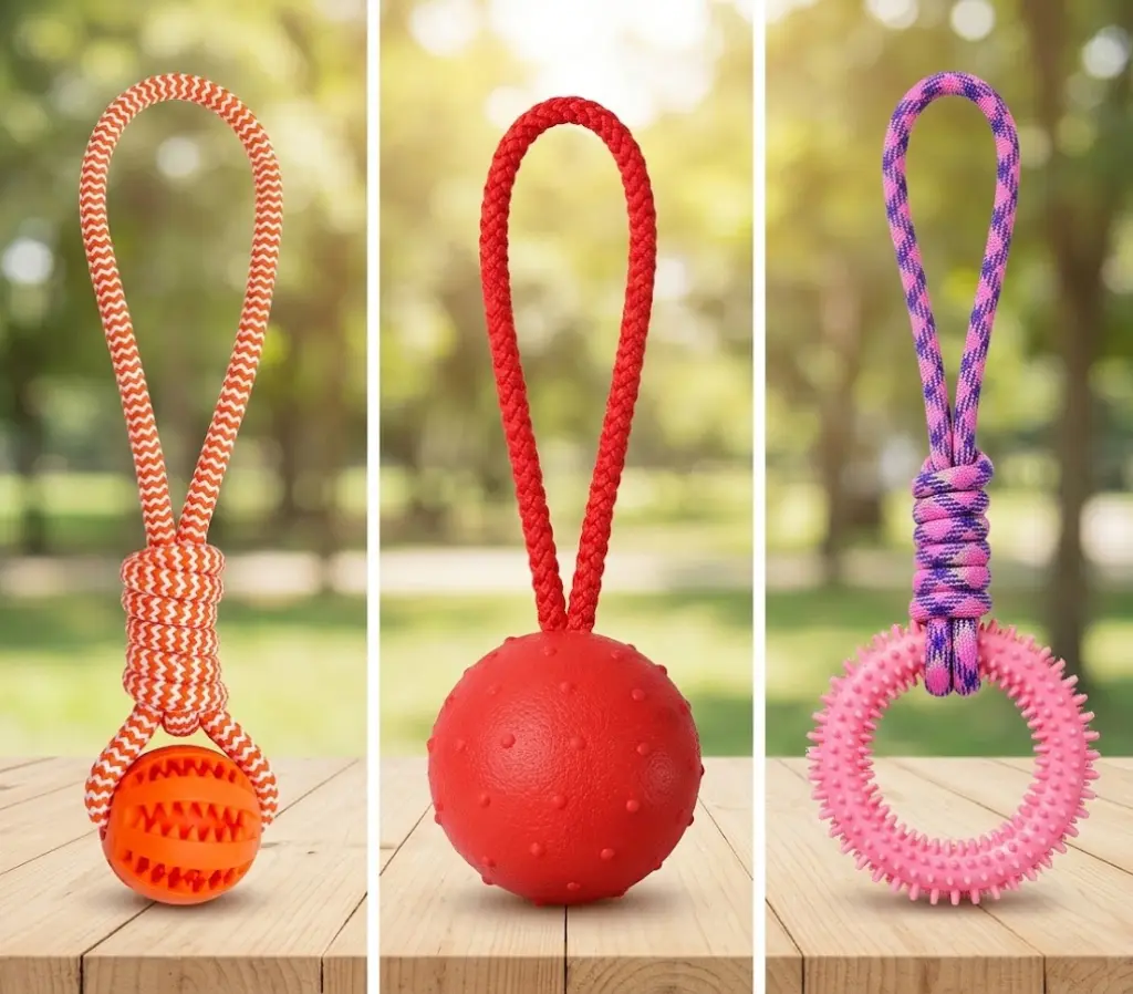 three rope-rubber hybrid dog toys with different rubber attachments — textured ball, smooth ball, and spiked ring