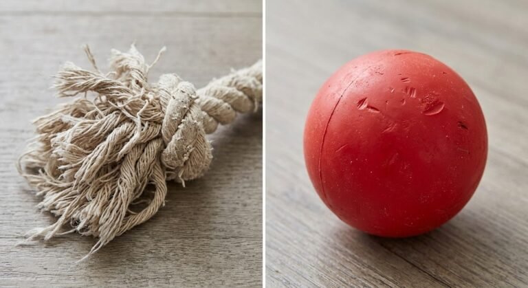 rubber dog toys vs rope dog toys — worn rope toy next to a barely-scratched rubber ball