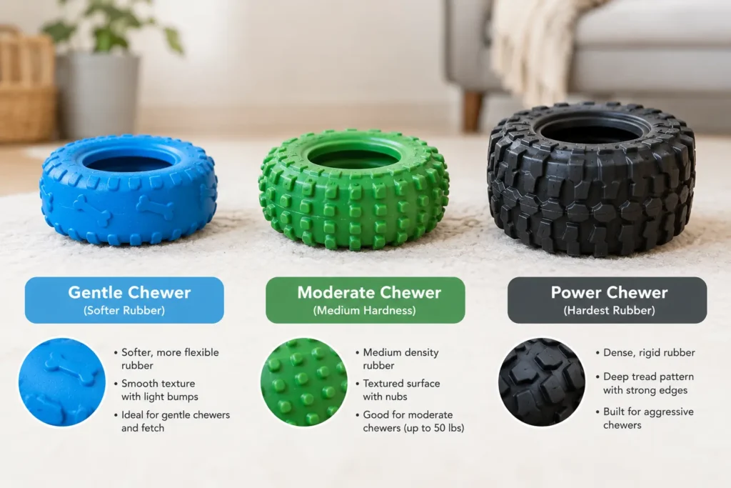 How to choose the right rubber chew toy by hardness tier — gentle, moderate, and power chewer options