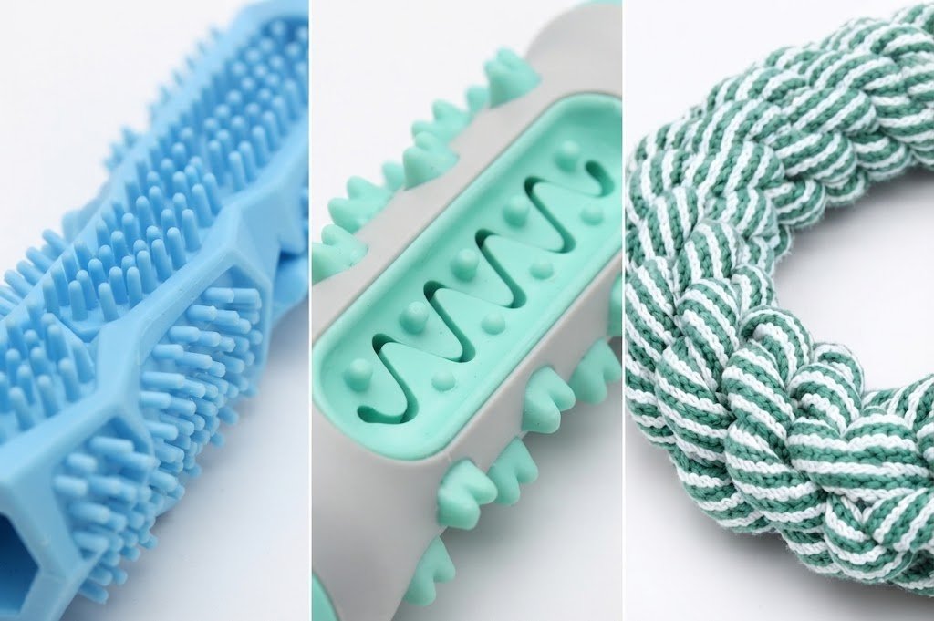 textured rubber dental chew ridges next to a braided cotton rope ring