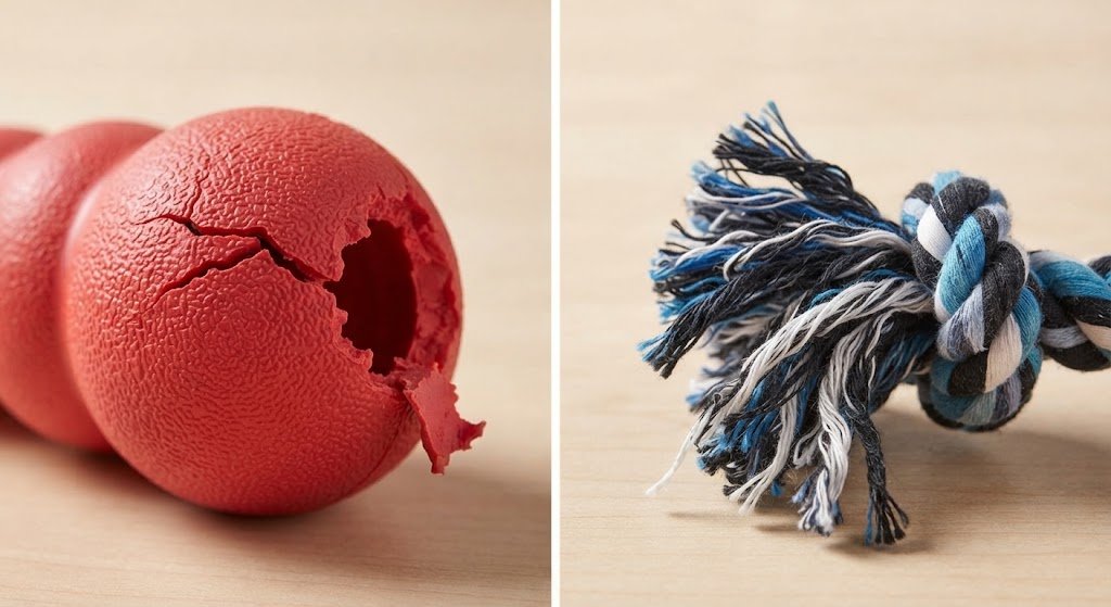 cracked rubber chew toy and frayed rope toy showing signs of wear