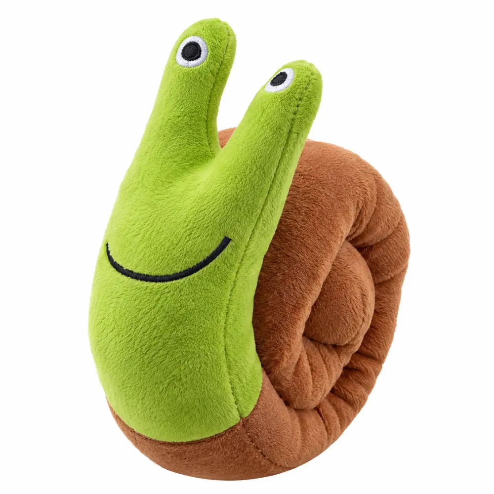 Snail snuffle toy for dogs with green head and rolled brown fleece shell