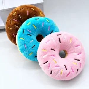Soft dog donuts plush toys in brown, blue, and pink colors displayed together
