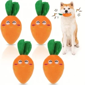 Squeaky carrot dog toy plush multipack with a dog holding one carrot in its mouth