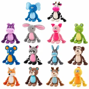 Squeaky plush dog toy with knotted rope limbs in 14 animal character designs