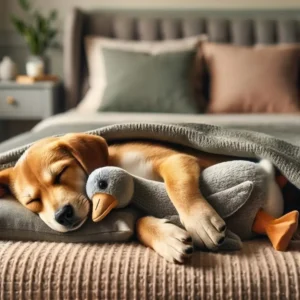 A small brown puppy sleeping under a warm blanket while cuddling the grey washable fleece pet pillow variant in bed.