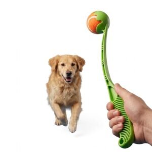 Hand holding a green dog ball launcher with an orange tennis ball as a golden dog walks toward it