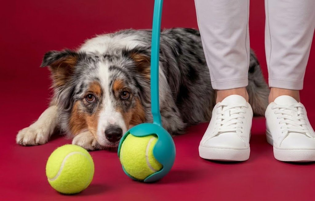 Teal ball launcher holding a yellow tennis ball beside a dog lying down and a second tennis ball