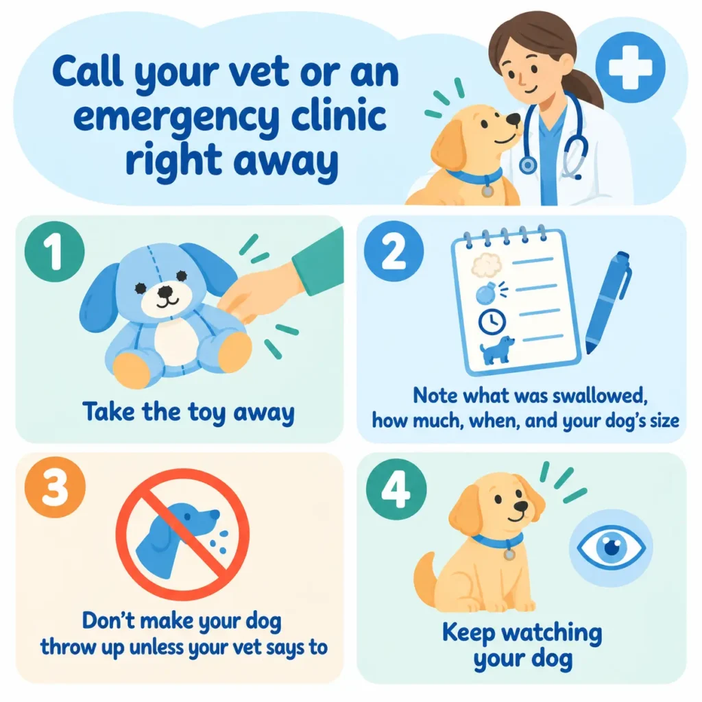 hat to do if your dog swallows plush toy stuffing or a squeaker: call your vet, note what was swallowed, and keep watching