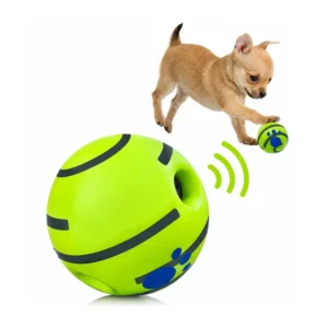 Small dog batting a lime green giggle ball with sound waves showing it makes noise