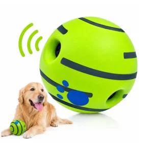 Lime green interactive giggle ball for dogs with a golden retriever lying beside it