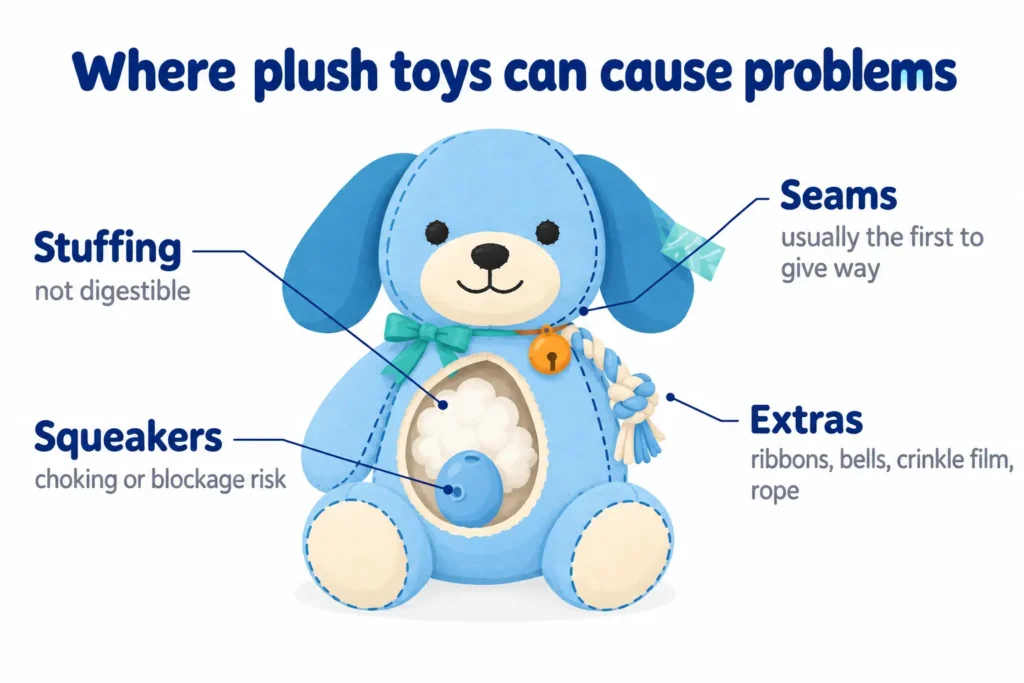 Diagram of a plush dog toy showing stuffing, squeaker, seams, and attached parts
