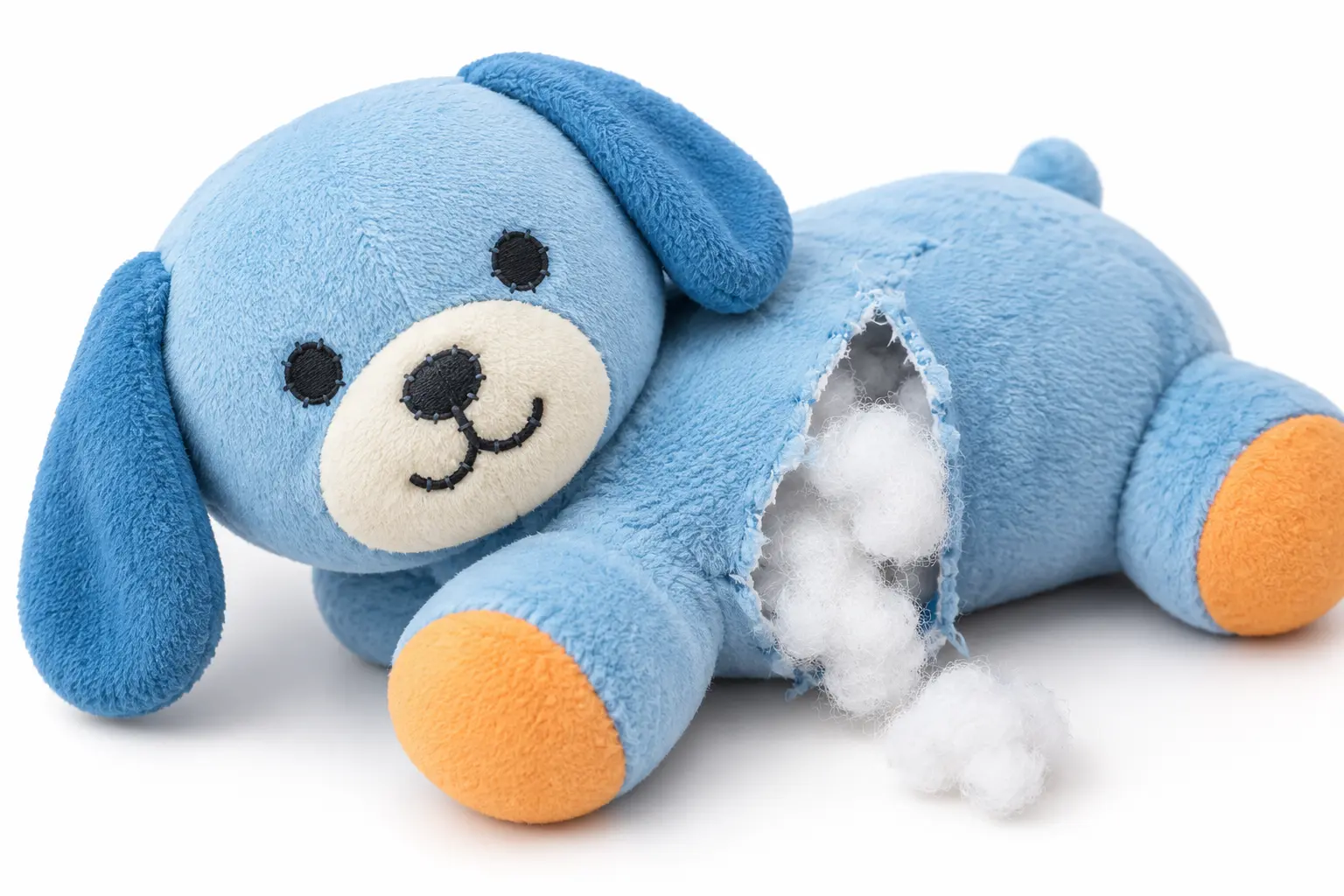 Blue plush dog toy with a torn side and white stuffing coming out