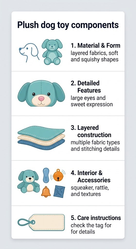 Plush dog toy checklist: size, facial features, construction, what's inside, and care instructions